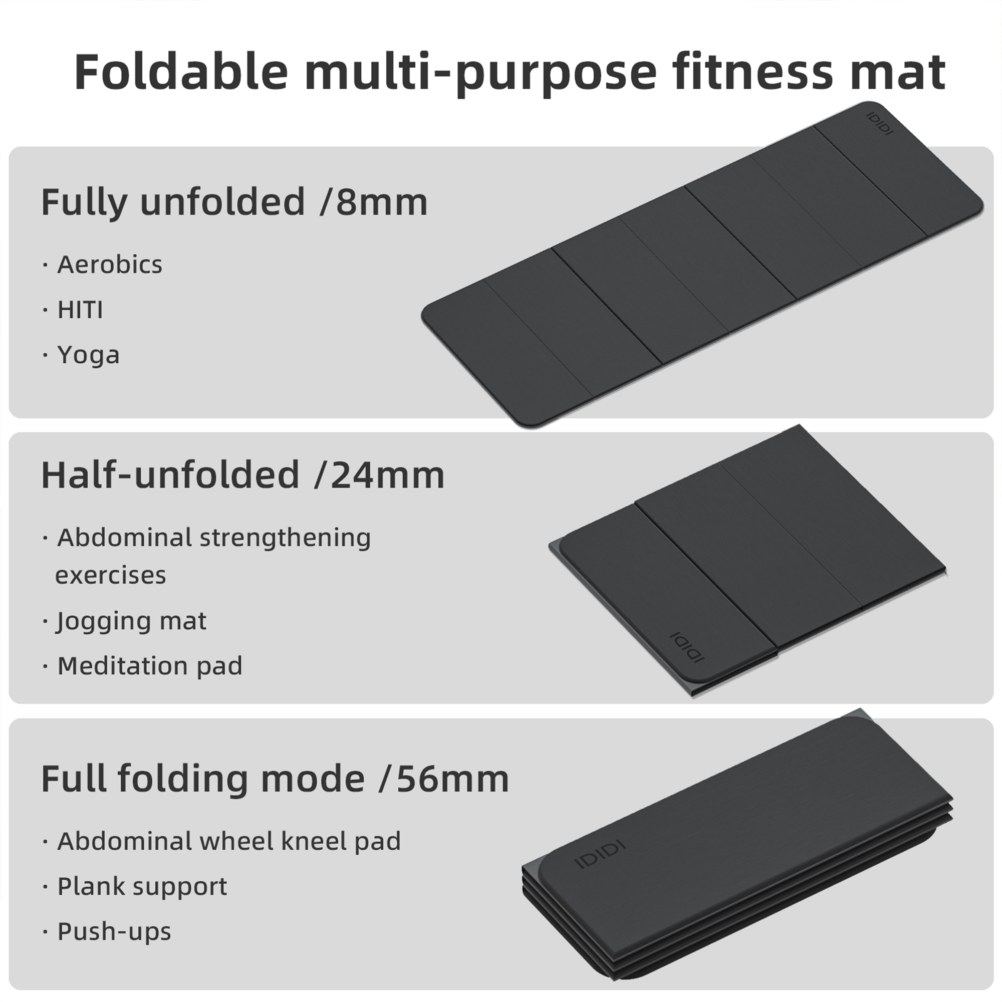 IDIDI Foldable Yoga Mat, 8mm Thick, Non Slip Exercise Mats For Home and Travel, Quick Unfold/Stor, Flat Lay No Curl Design(Grey+Black)