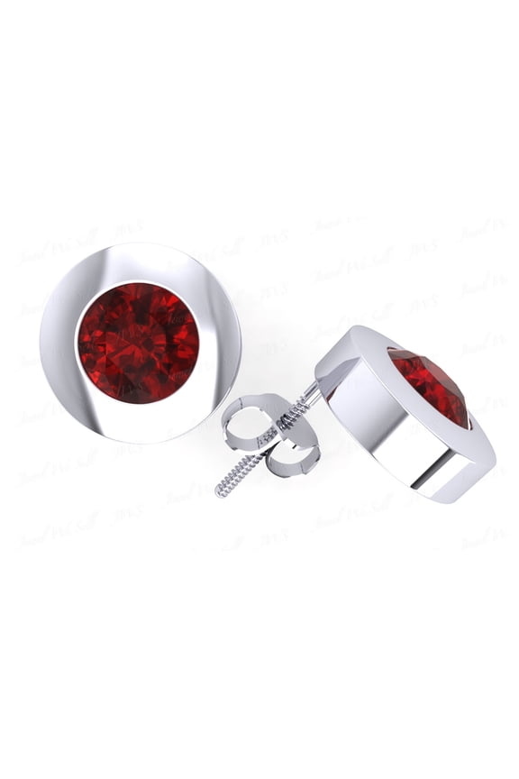 Genuine 1Ct Round Cut Ruby Stud Earrings 18k White Gold Bezel Set Push Back AAA Quality