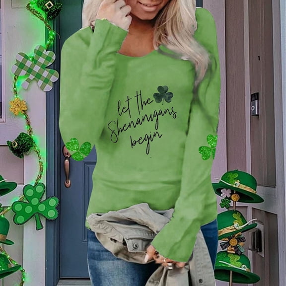 Women‘s Tops St Patricks Day Shirt Shamrock Long Sleeves Crew Neck Shirt for Women (Green S)