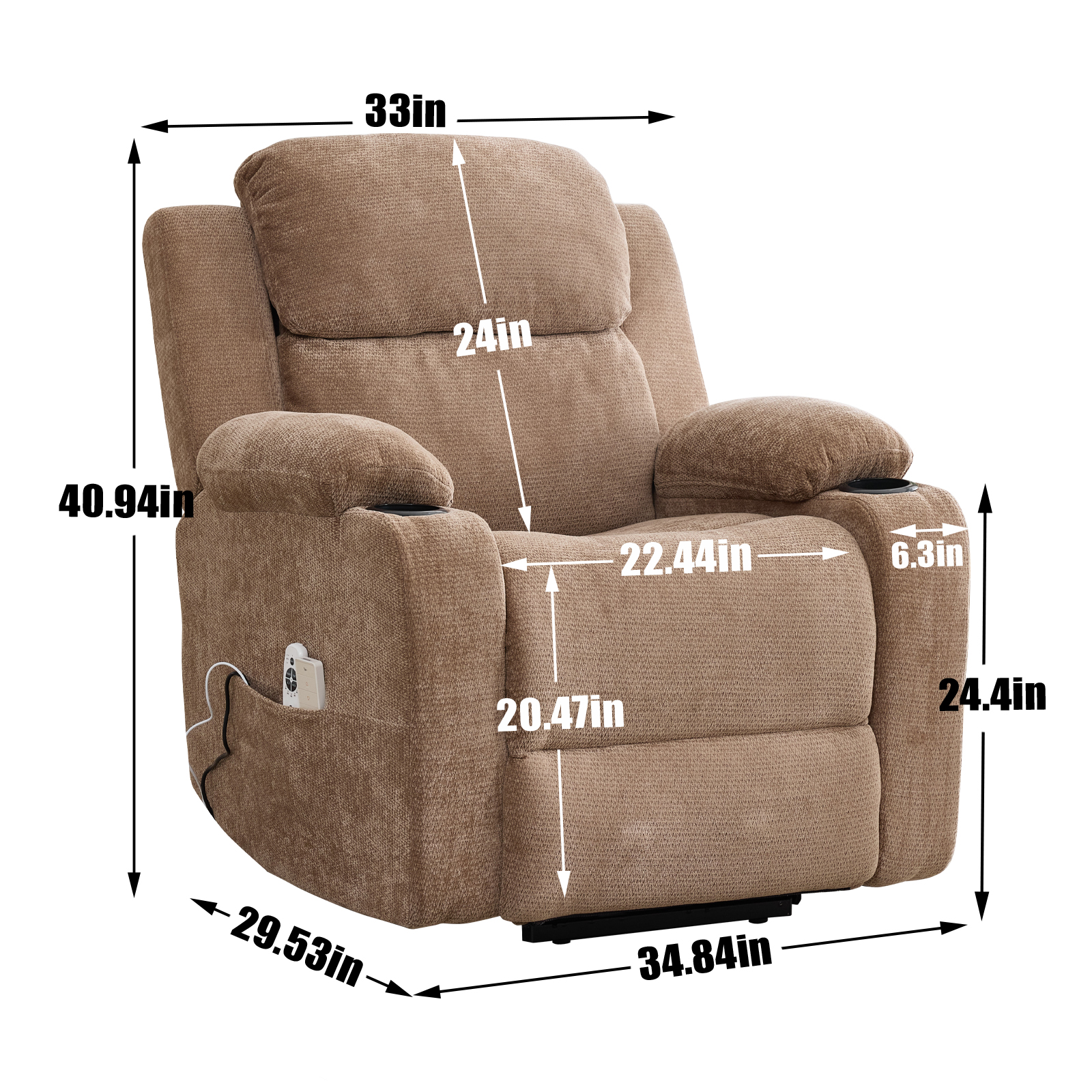 Miniyam Power Lift Recliner Chair with Massage and Lumbar Heat, Fabric Adjustable Reclining Chair with Remote Control, USB Port and Cup Holders, Brown