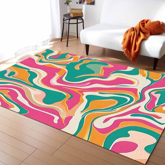 Area Rugs Indoor Non-Slip Rectangle Rug 4x6 Ft Teal Pink Orange Water Ripple Abstract Modern Rug Rubber Backing Floor Mats Non Shedding Home Decor Carpet for Entryway Living Room
