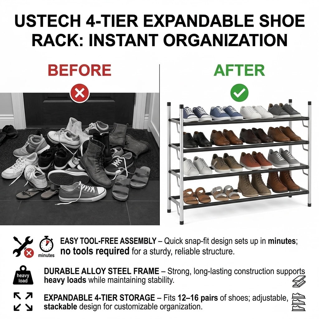 USTECH 4-Tier Shoe Rack – Free Standing Large Capacity Shoe Organizer with Self-Assembly Design, Easy to Assemble Space-Saving Metal Shoe Storage Shelf for Closet, Bedroom & Entryway