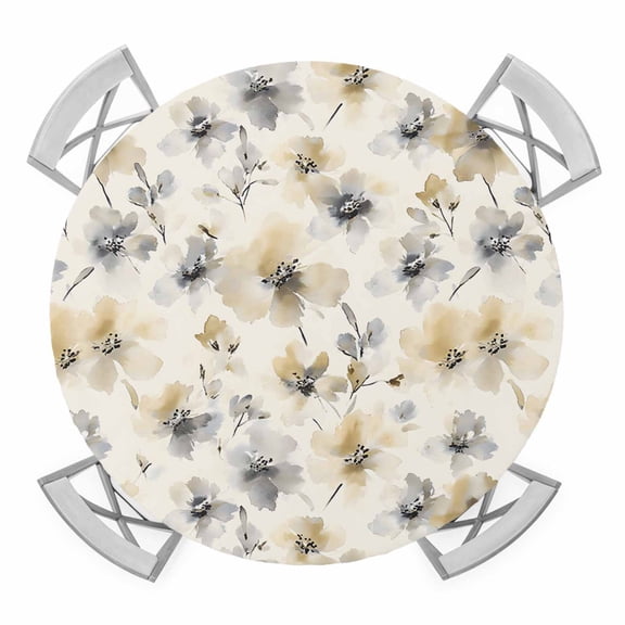 Gray Beige Floral Round Fitted Tablecloth with Elastic Edge, Waterproof Table Cloth Table Cover for 45"-54" Tables, Spring Modern Botanical Flowers Blossom Tablecloths for Dining Picnic Outdoor