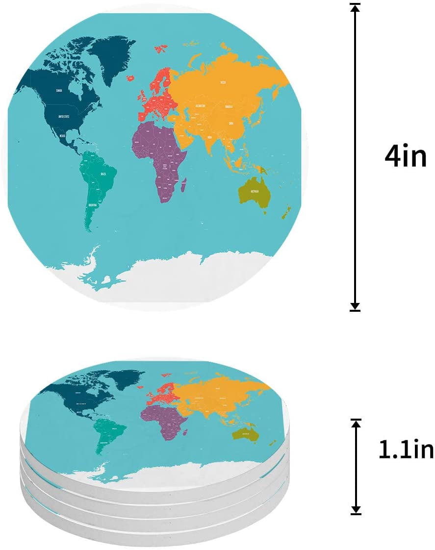 Round Map Coaster ZHANZZK World Map Set of 6 Round Coaster for Drinks, Absorbent Ceramic ...