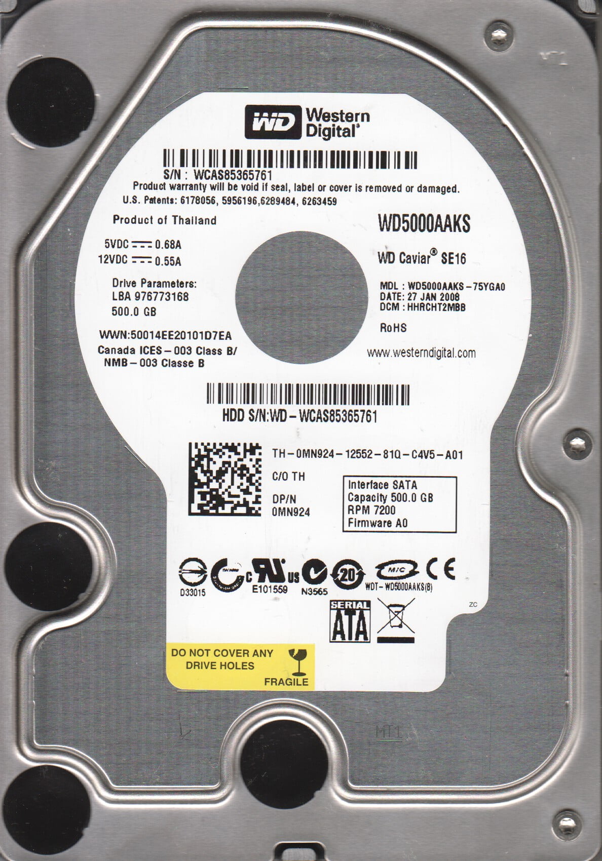 WD5000AAKS-75YGA0, DCM HHRCHT2MBB, Western Digital 500GB SATA 3.5 Hard ...