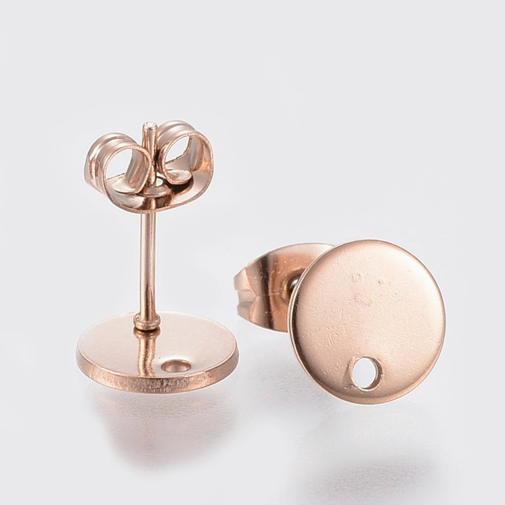 Ion Plating(IP) 304 Stainless Steel Stud Earring Findings with Loop and Flat Plate Ear Nuts/Earring Backs Flat Round Rose Gold 8x1mm Hole: 1.2mm Pin: 0.8mm