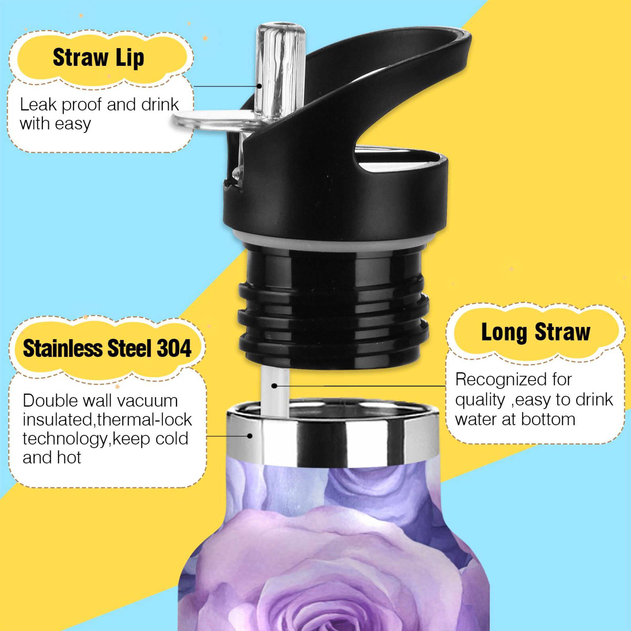 600ML Stainless Steel Insulated Cup Sports Water Bottle Portable Thermos Cup Water Glasses Insulated Tumblers Convenient and Durable Cartoon Purple Roses