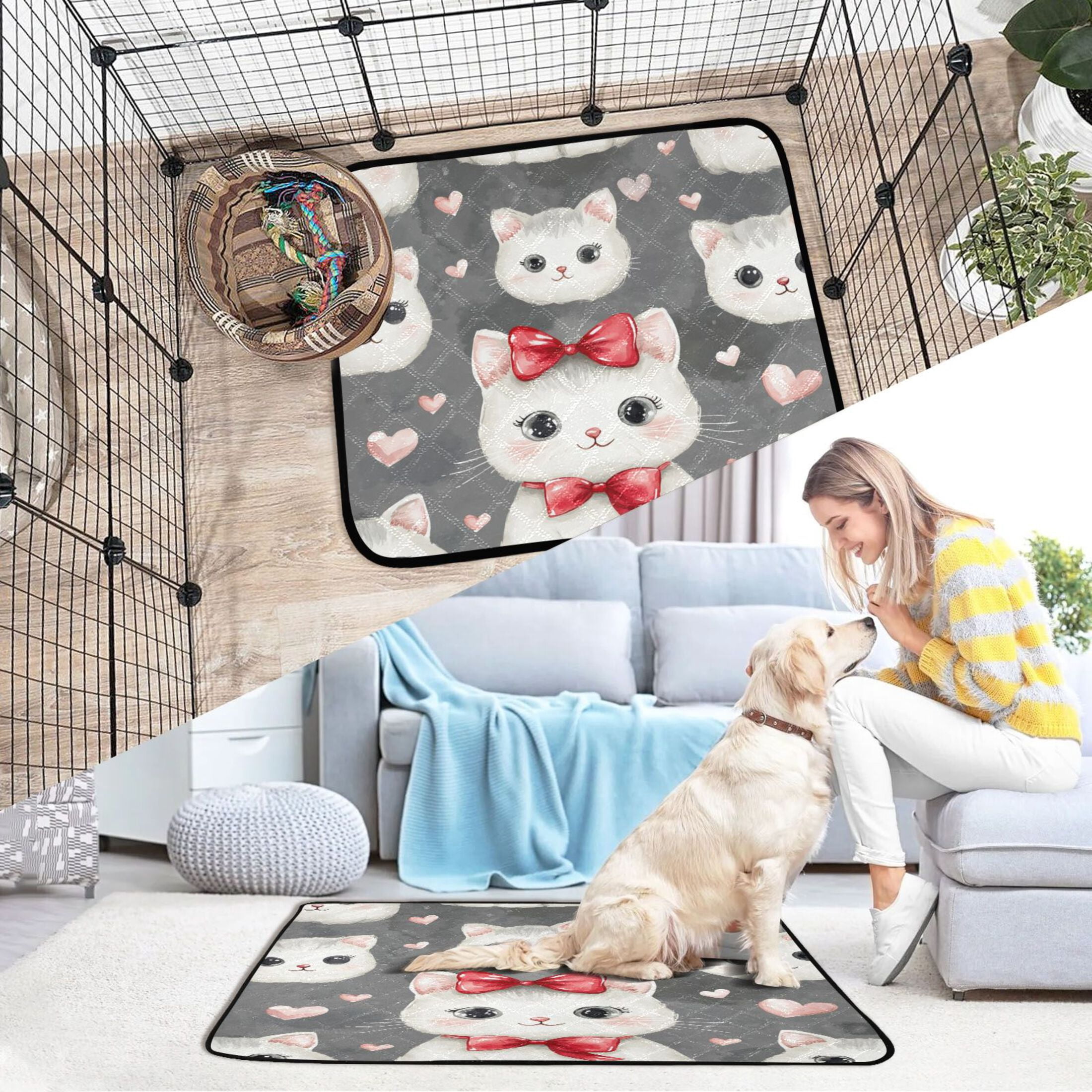 Qxltty Adorable White Cats Pattern Cat litter Pads Pet Set of 3 Diaper Mats Center Anti-leakage Layer Absorbent Soft and Comfortable