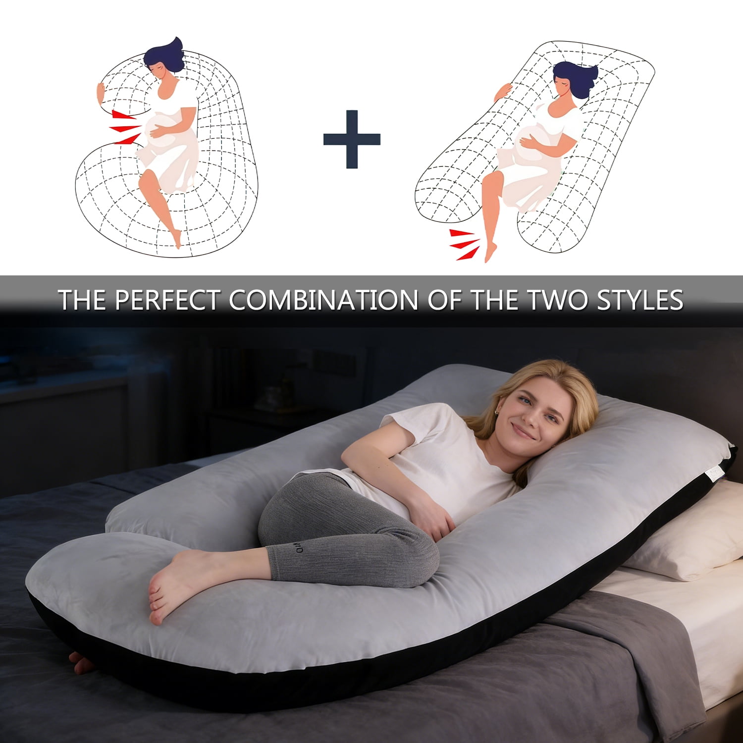 AFGFUF J-Shaped Pregnancy Pillow, 63" x 19.6", Full Body Maternity Pillow for Back, Hip & Belly Relief, Black-Grey