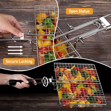 XUEYU FISH GRILLING BASKET, FOLDING PORTABLE BBQ GRILL BASKET FOR FISH VEGETABLES SHRIMP WITH REMOVABLE HANDLE, GRILL BASKET FOR OUTDOOR GRILL，COME WITH BASTING BRUSH AND GLOVES，BARBECUE CLIP