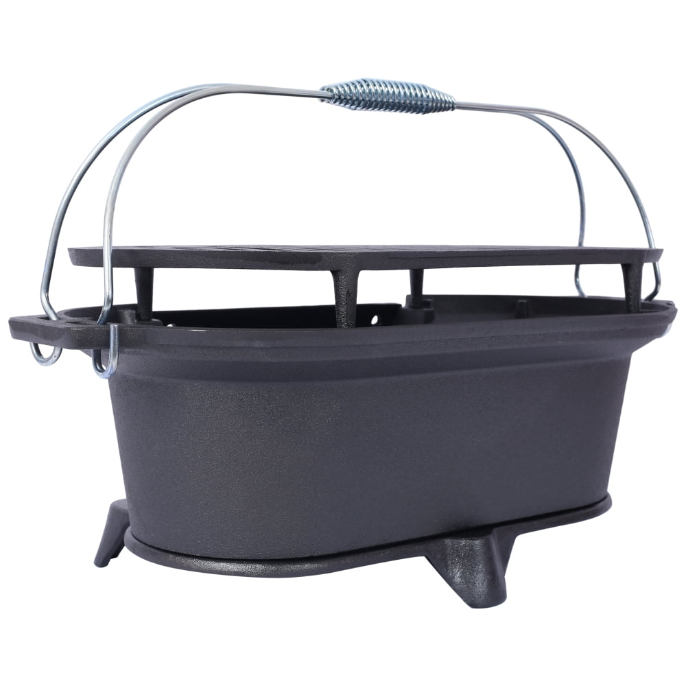 Portable Cast Iron Grill - Dual-Use Rectangle Hibachi & Tabletop Skillet, Enameled Outdoor Charcoal Grill for Camping/Tailgating