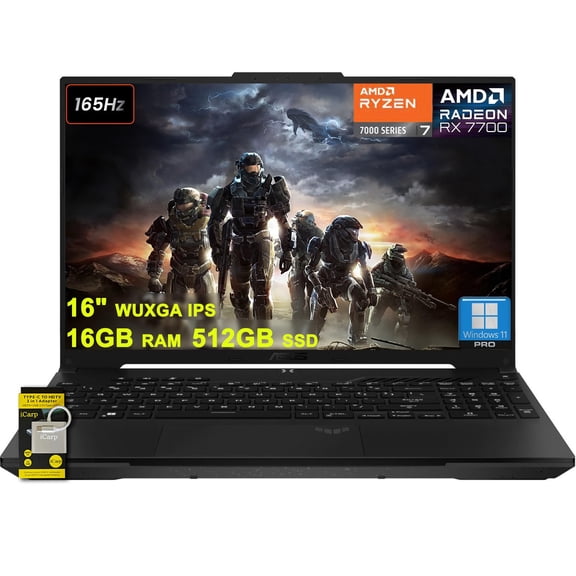 ASUS TUF Gaming A16 Laptop 16" WUXGA 165Hz 100% sRGB AMD 8-core Ryzen 7 7735HS 16GB DDR5 512GB SSD Radeon RX 7700S (>RTX4060) Backlit USB4 AI Noise Cancelation Win11Pro w/ICP Accessory