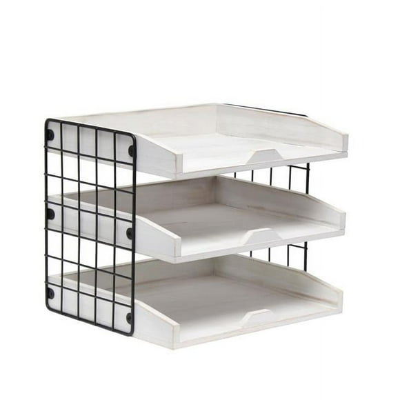 Elegant Designs HG1022-WWH Home Office Wood Desk Organizer Mail Letter Tray with 3 Shelves, White Wash
