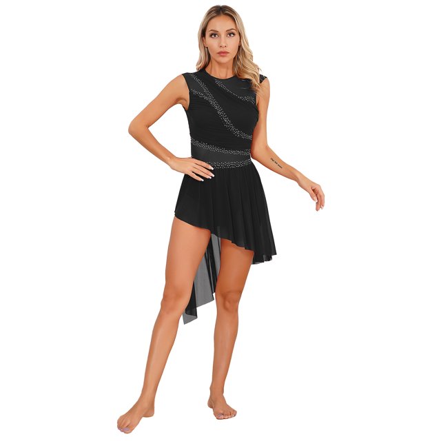 CHICTRY Costume de Danse Lyrique pour Femmes, Robe de Danse Moderne Contemporaine avec Strass, Noir m