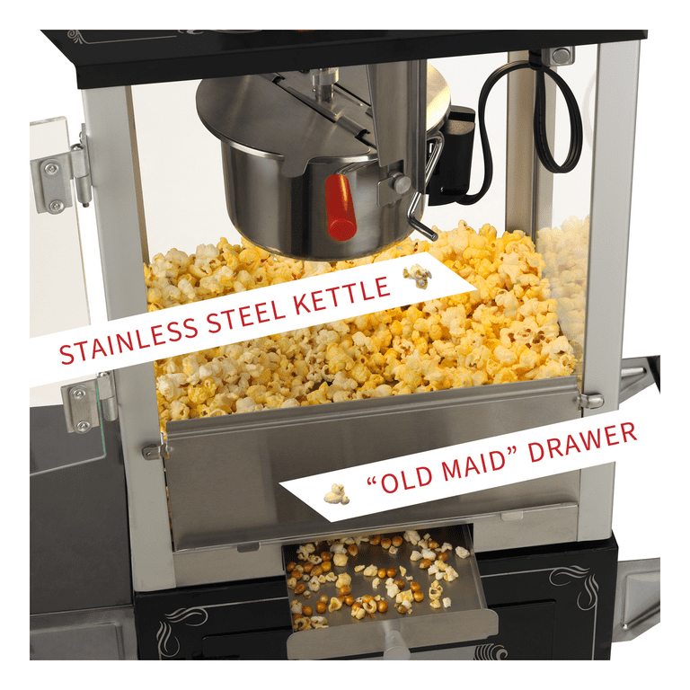 Full Size Carnival Style 8 oz Popcorn Maker Machine with cart, Black and  Silver 