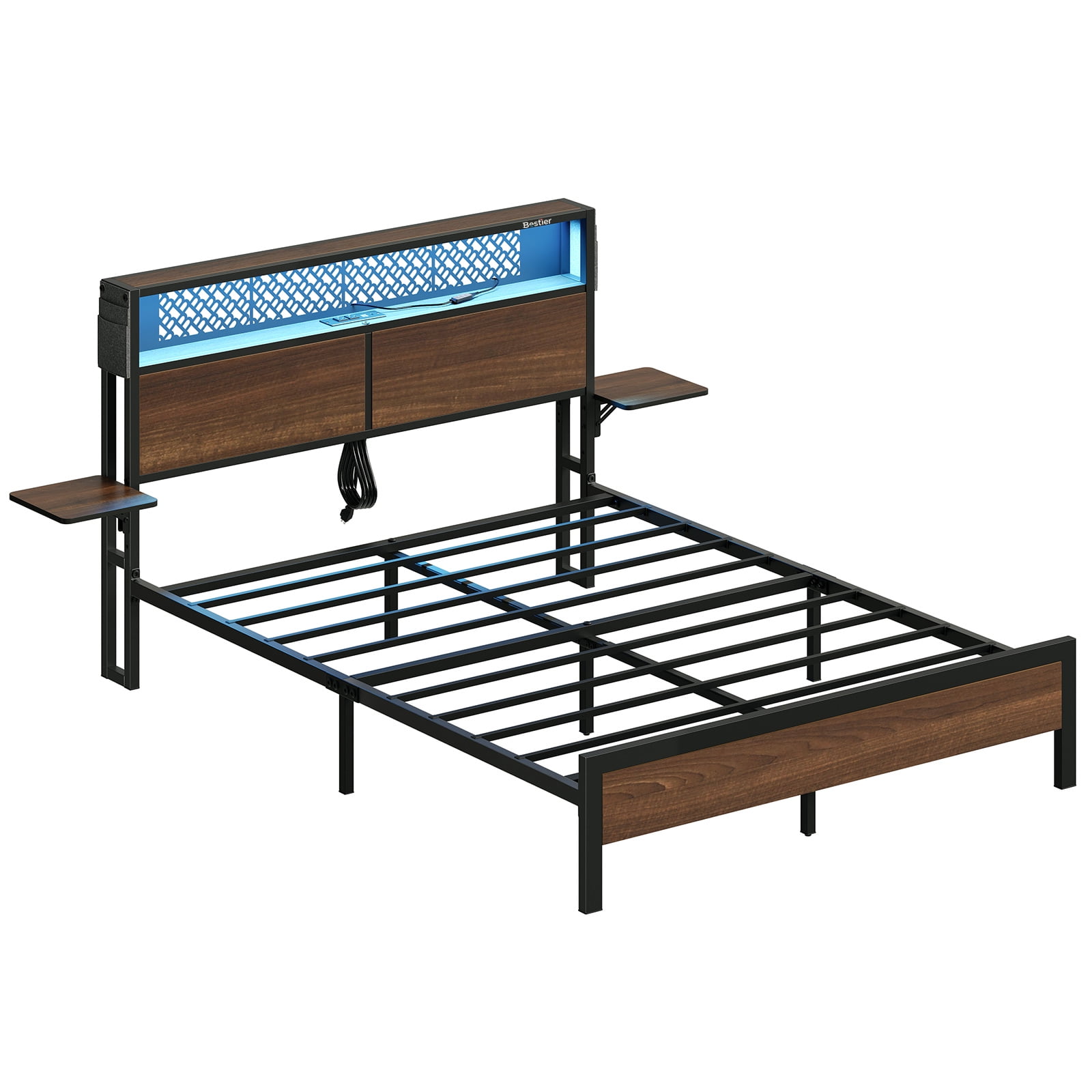 Bestier Queen Size Wood Platform Bed Frame with Foldable Bedside Shelves and LED Storage Headboard Charge Station, Walnut