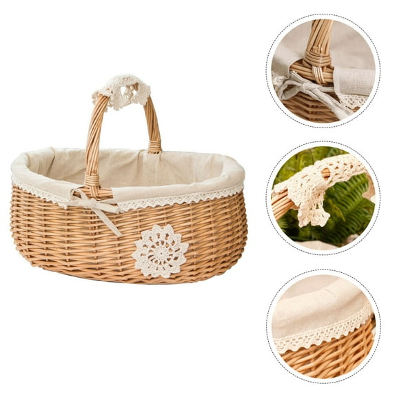 Omeite Willow storage basket egg basket picnic fruit basket flower basket (original wood color linen small) (linen style random)