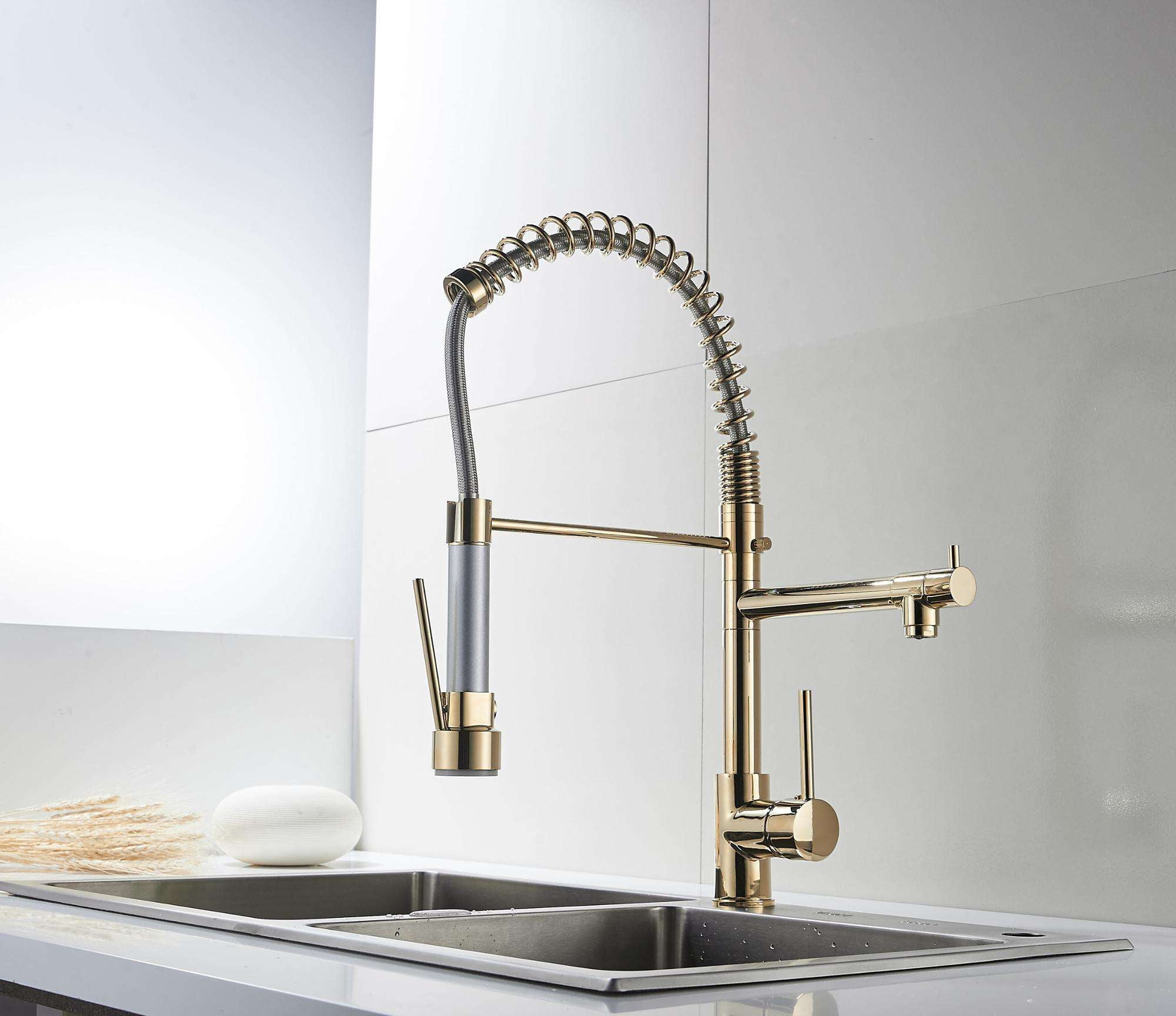ANGELES HOME 360° Rotation Commerical Kitchen Faucet with Sprayer, Single Handle Pull Down Sprayer Kitchen Sink Faucet with LED Light Two Spout, Gold