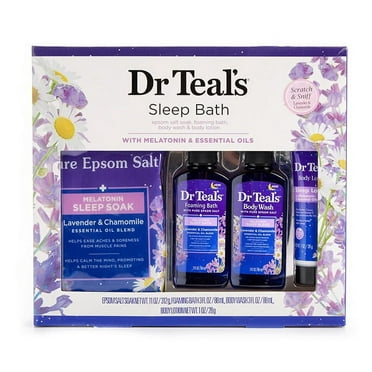Dr Teal's Melatonin Sleep Soak Lavender  Chamomile Epsom Salt 11oz, Foaming Bath 3oz, Body Wash 3oz, Body Lotion 1oz, Gift Set