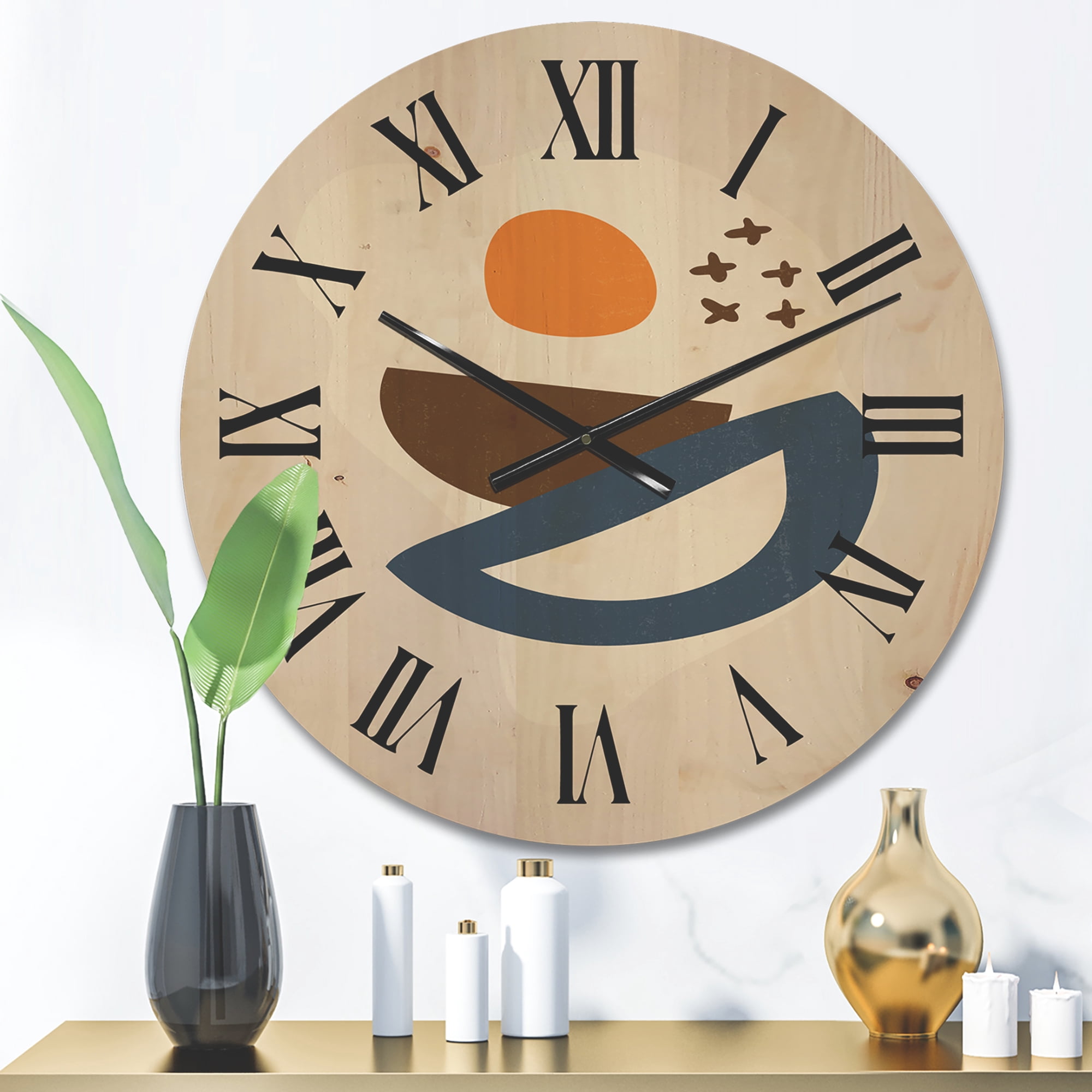 Designart 'Abstract Moon and Sun Geometric Print I' Modern Wood Wall Clock