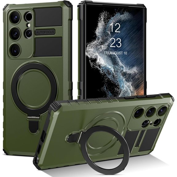 for Samsung Galaxy S22 Ultra Case Magnetic Built in Stand & Ring Holder[Compatible with MagSafe], Military Grade Shockproof Protective Phone Case for Samsung S22 Ultra 6.8", Green