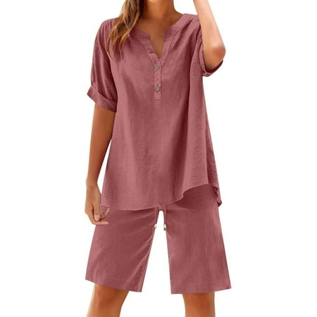 WMTBSRSW Plus Size Summer Lounge Sets for Women Cotton Linen 2 Piece Outfits Casual Short Sleeve Half Button Shirts and Drawstring Shorts Beach Sets