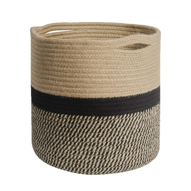 ceta de almacenamiento de canasta de canasta de almacenamiento de 1 pc sundries canasta de canasta casera (negro amarillo) canasta redonda de algodón multicolor, vista frontal centrada, 30x30x30 cm aprox.; parte superior beige tejido, franja negra horizontal y base trenzada negro-beige, asas recortadas integradas en el borde y textura de cuerda tejida visible, fondo blanco de estudio; ideal para organización del hogar y guardar juguetes, ropa o artículos pequeños.