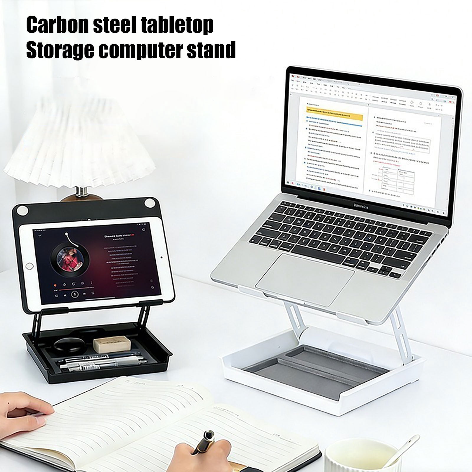 Space Saving Laptop Desk Stand Equipped With Cooling Fan And Locking Mechanism Has Built In Storage Area