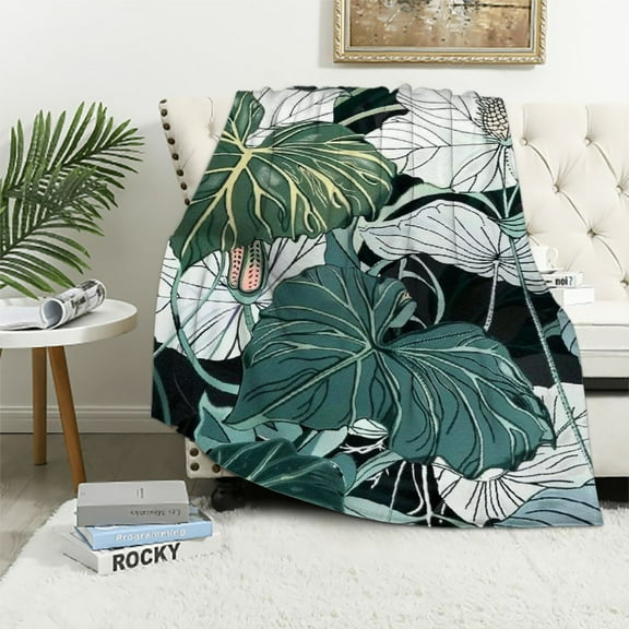 JRXY  Palm Leaf Throw Blanket Monstera Bed Blanket Tropical Leaves Branch Sherpa Blanket Hawaiian Hippie Botanical Fuzzy Blanket for Kids Adult, Decor, Blanket Queen White