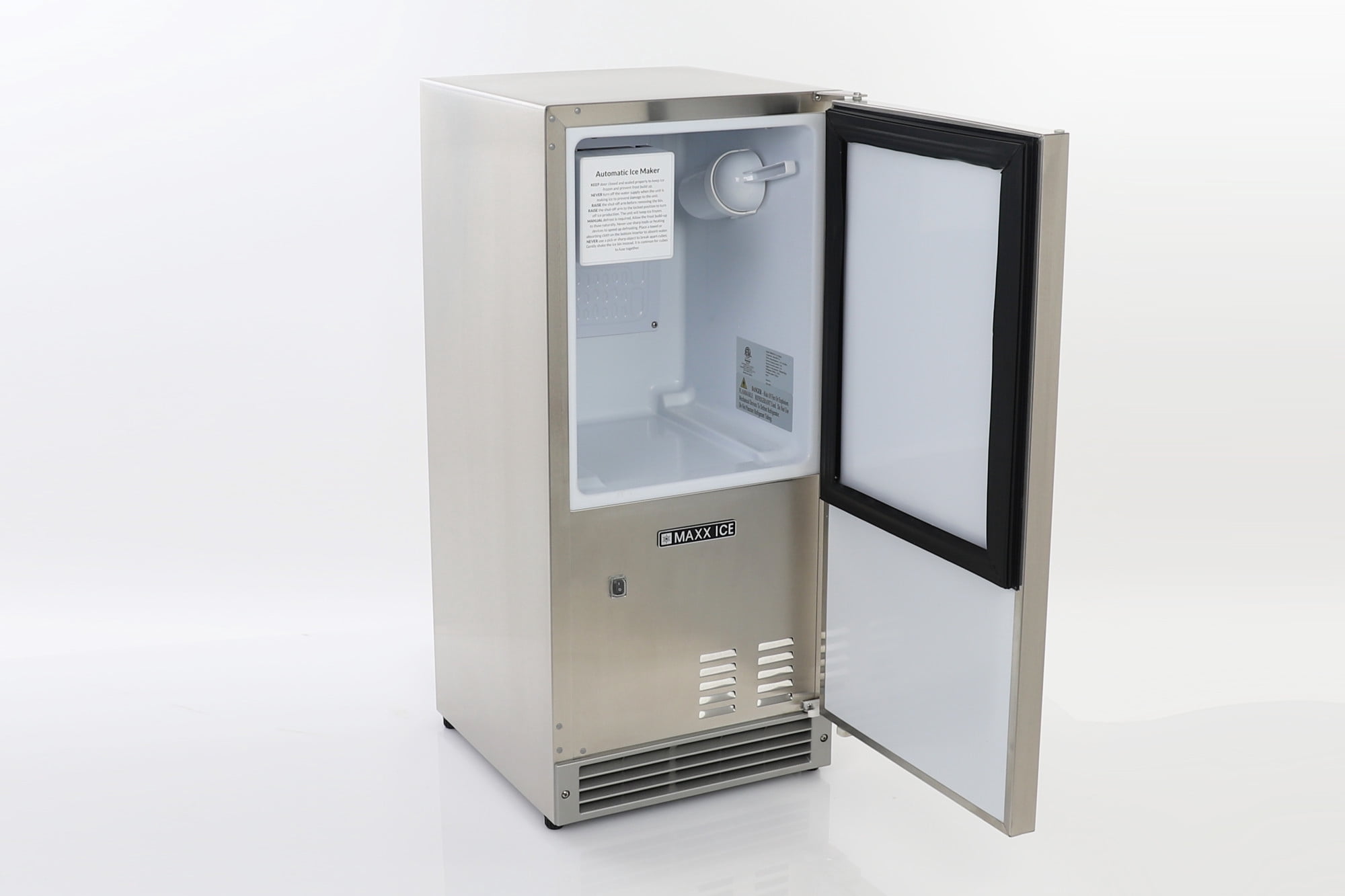 Maxx Ice Shallow Depth Outdoor Built-In Undercounter Ice Maker, 15", 25 lbs, Crescent Ice Cubes, 22 lb Ice Storage Bin, in Stainless Steel (MIM25CO)