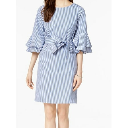 - White Womens Pinstriped Belted Sheath Dress 16