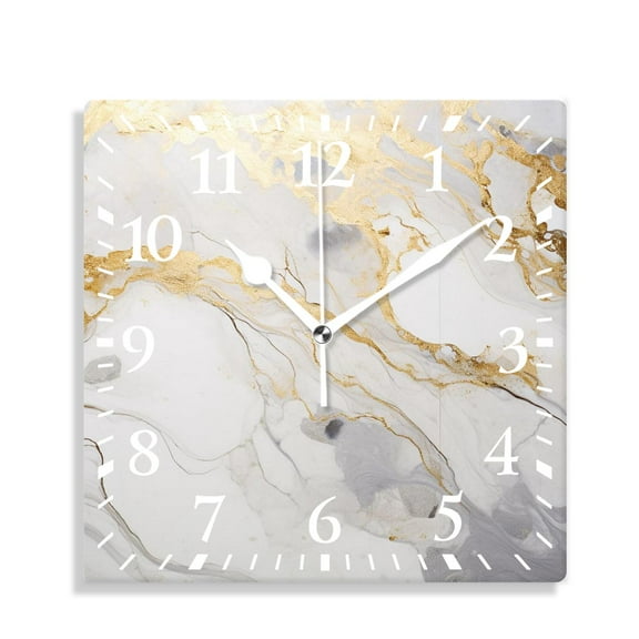 10 Inch Wall Clock Battery Operated Silent Clock Decorative for Office, Kitchen, Outdoor, Living Room，White Marble with Gold Elegant Pattern