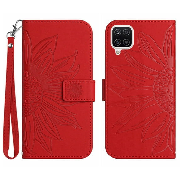 Mantto for Samsung Galaxy A42 5G 6.6 inch Wallet Case with Wrist Strap,Stylish Sunflower Embossed PU Leather Shockproof Protective Magnetic Clasp Flip Holder Card Slots Phone Cover,Red