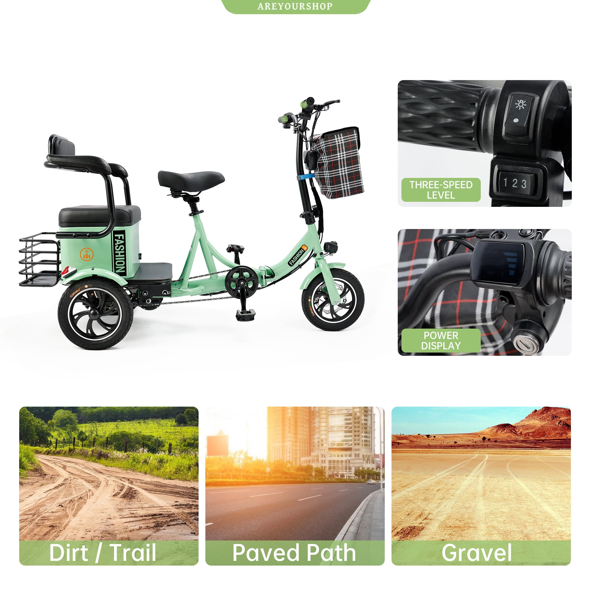 ARTUDATECH Electric Trike, Electric Tricycle for Adult, 400W 48V Foldable 3 Wheel Electric Bikes, Motorized Tricycle Adult Electric Three Wheels Bicycle for Adult Senior With Rear Seat