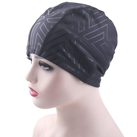 opvise Geometric Print Shrinkable Trim Comfortable Unisex Swimming Hat Adult Ear Protection Swimming Pool Hat White