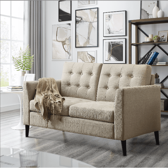 BSHTI Empress Tufted Upholstered Loveseat,with Removable Back Cushions,Sturdy Construction,Linen Blend Upholstery,Square Arm,Beige