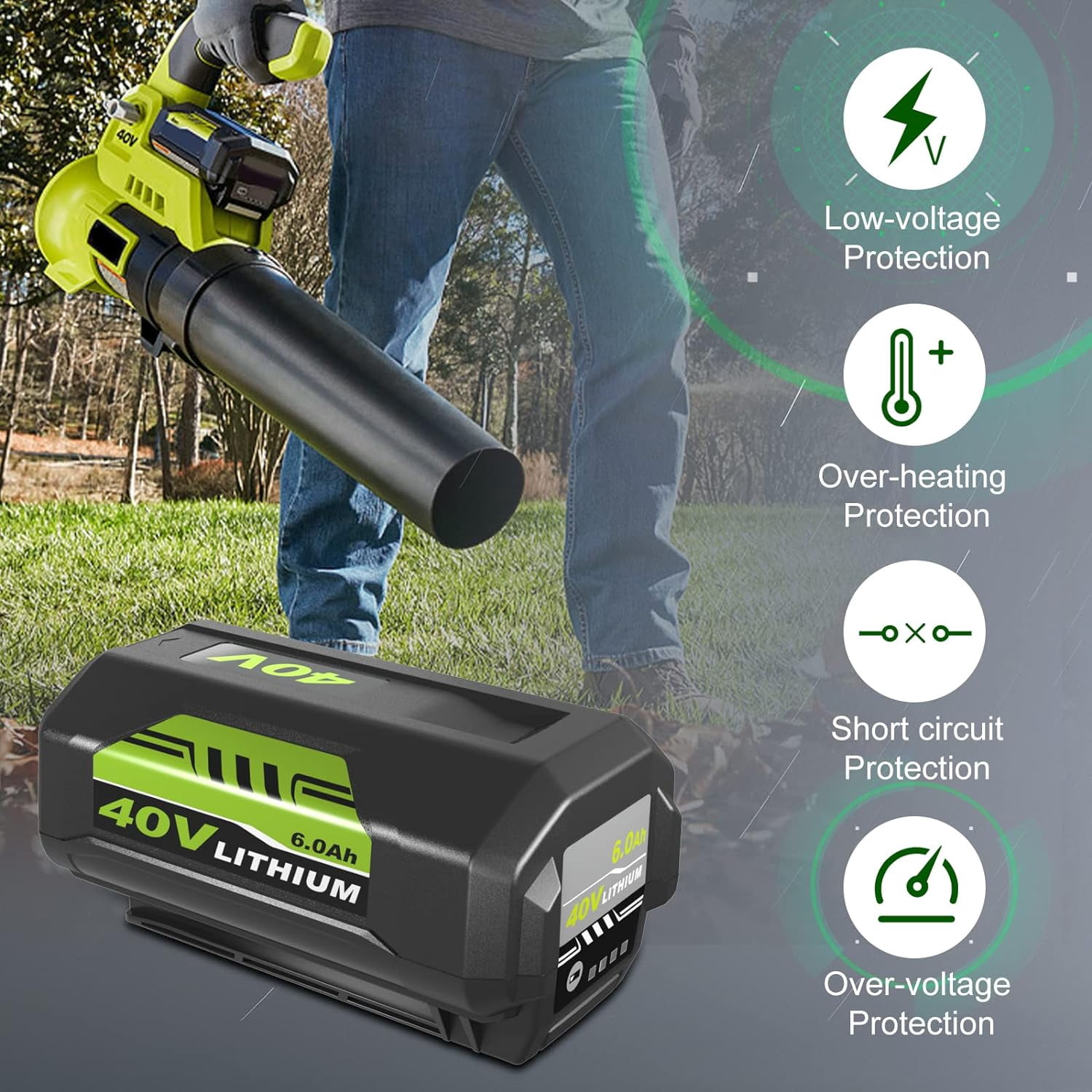 OP4026 8.0Ah Replacement for Ryobi 40V Battery and OP401 Charger, Compatible with Ryobi 40V Lithium Battery OP40401 OP40602 OP4060A1 OP40601 OP4075A OP4050A OP4026A OP40201 OP4040 OP40404 (Green)