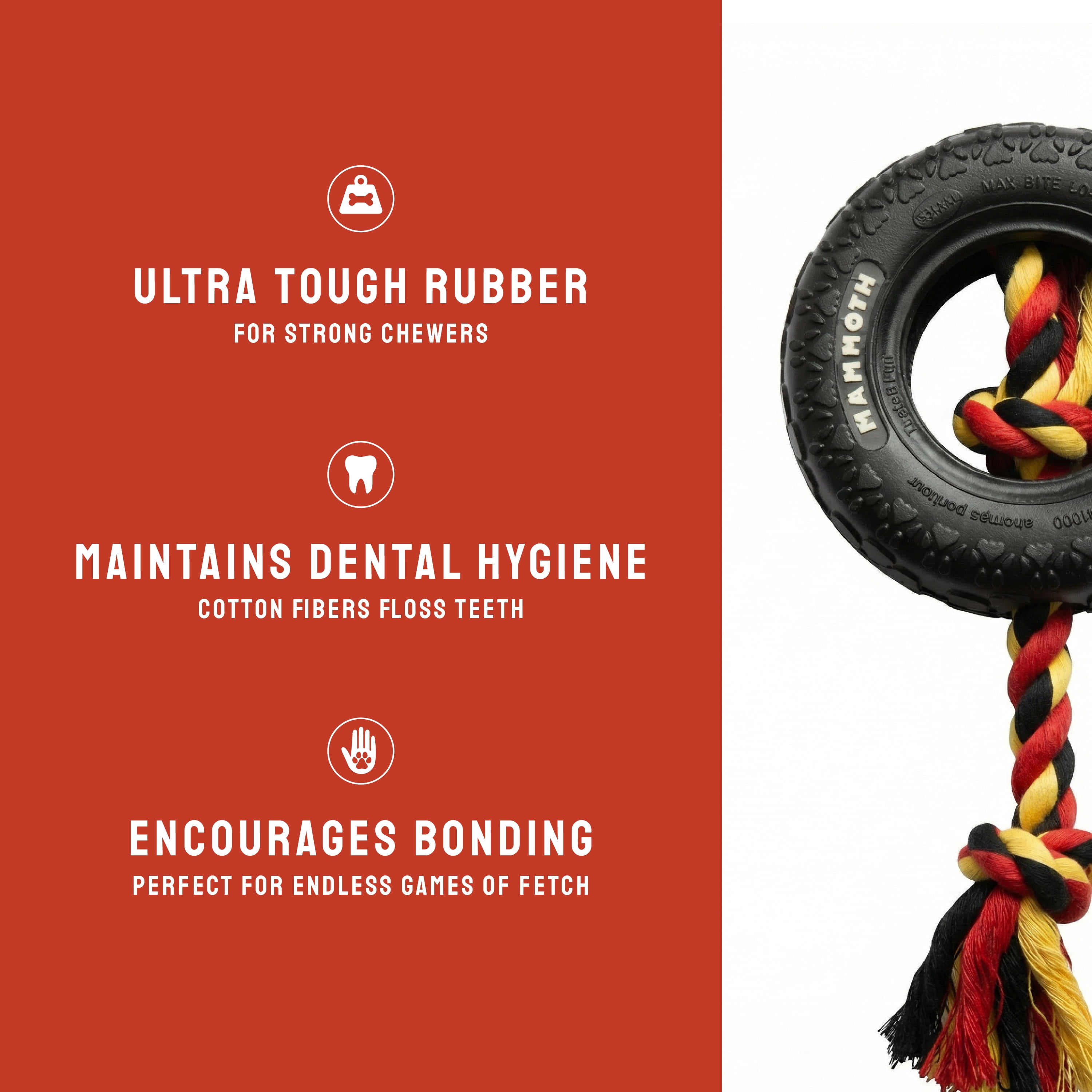 Mammoth TireBiter Original Rubber Dog Toy with Cottonblend Assorted Color Rope, Small 6"
