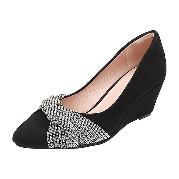 Mostsola Wedge Sandals for Women Slip on Closed Pointed Toe Rhinestone Bowknot Pumps Shoes