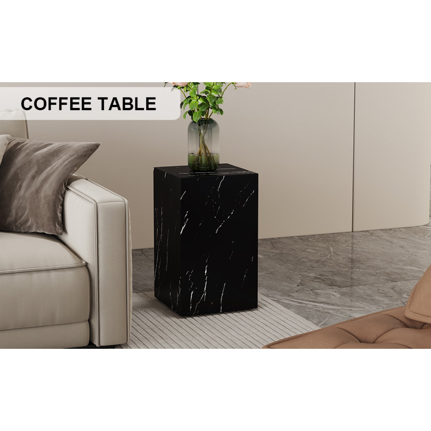 11.8*11.8*19.6 Inch Black Marble Texture MDF Coffee Table Modern Living Room Accent