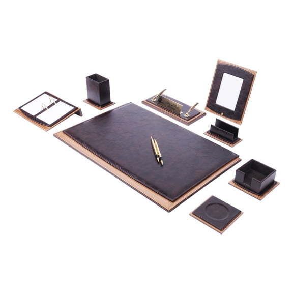 Star Lux Leather Desk Organizer Set Walnut Wood Combination Best Gift For Lawyers, Managers and Bosses 10 PCS