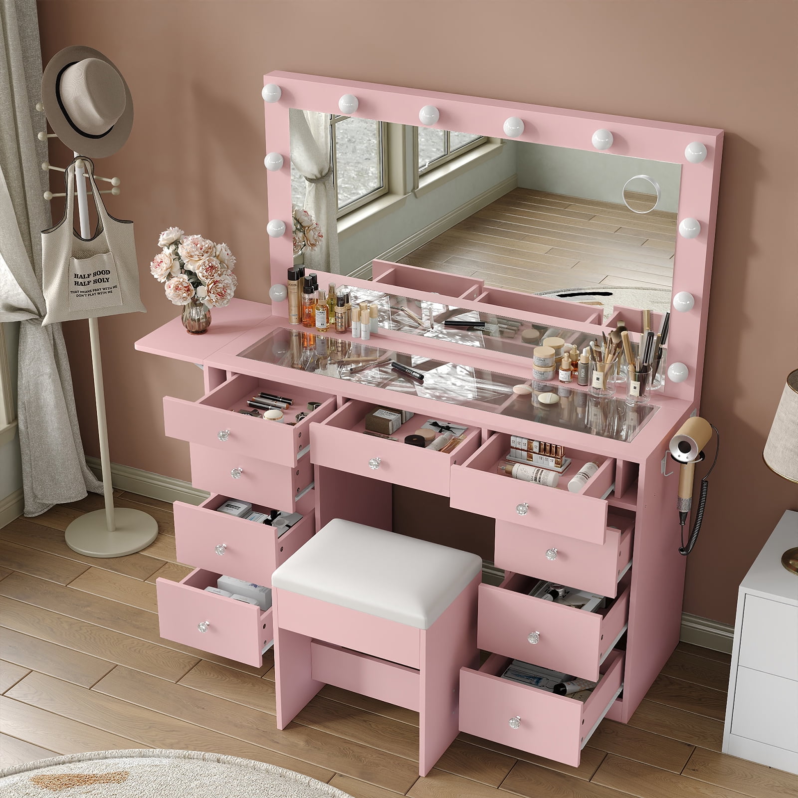 Makeup Vanity with Power Outlet, 9 Drawers Vanity Desk with Mirror and 12 LED Lights, 3 Lighting Modes, Glass Top Vanity Set,Dressing Table with Fold-Up Pane