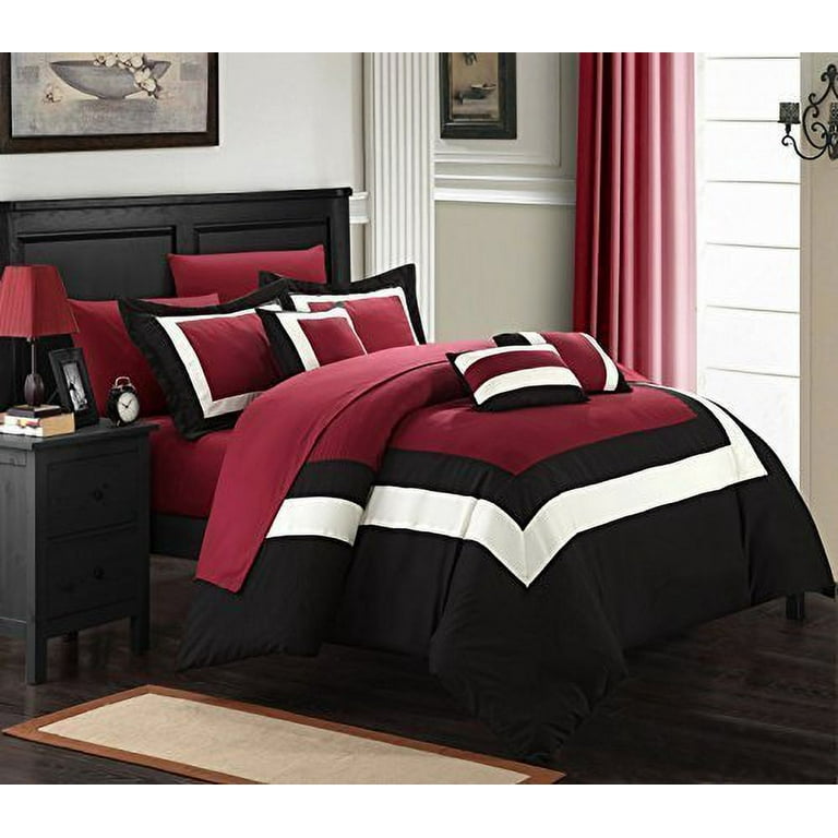 Chic Home Duke Pieced Color Block Bed in a Bag Comforter Set with Sheets -  Red - King - 10 Piece