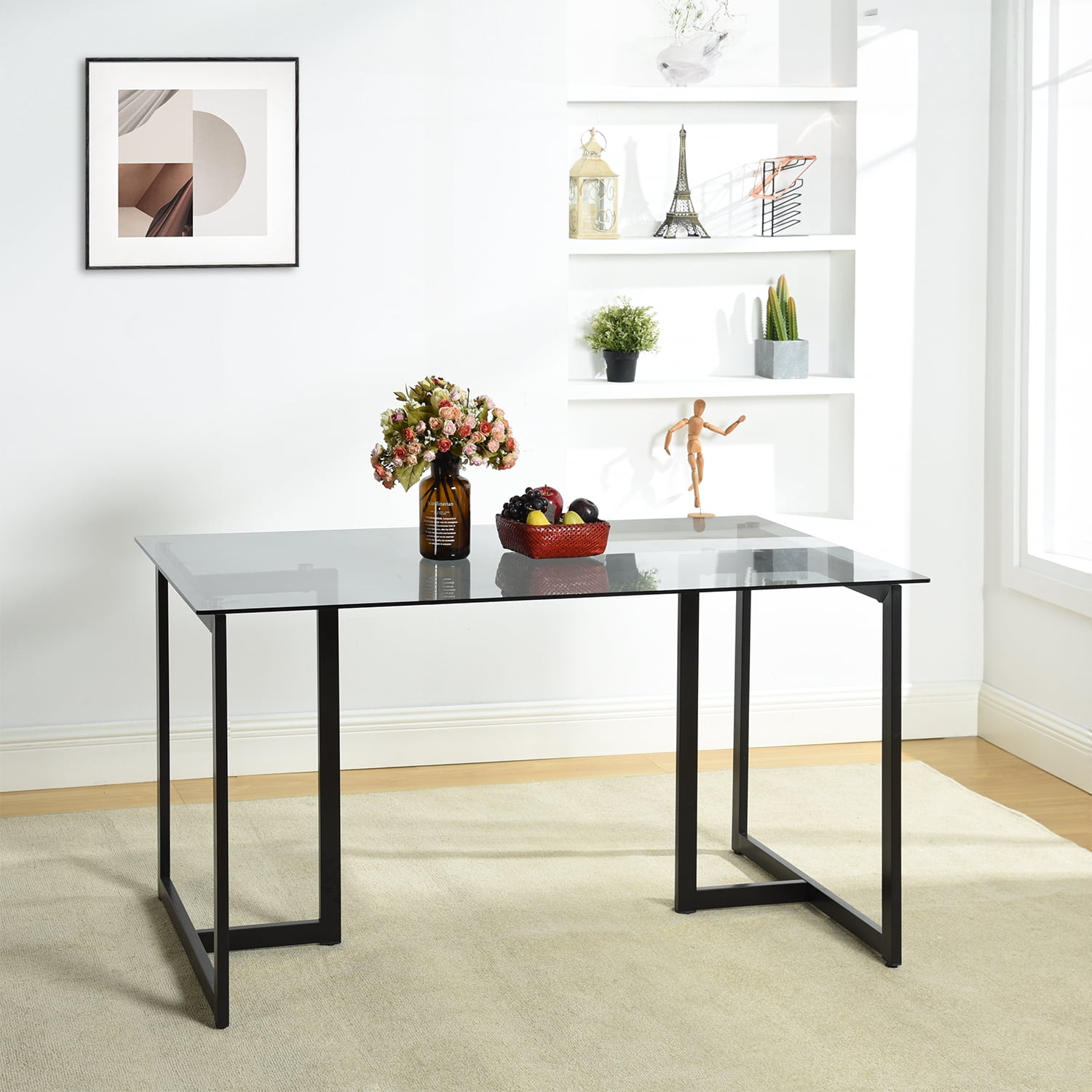 Homy Casa 55.1 inch Writing Desk with Tempered Glass Top Computer Desk for Home Office, Living Room, Gray