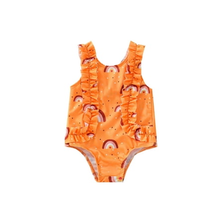 

Canrulo Infant Baby Girls Swimsuit One-Piece Rainbow Swimwear Beach Bikini Ruffles Bathing Suit Swimming Clothes Orange 12-18 Months