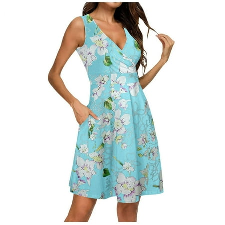 

Juebong Womens Summer Casual Beach Sleeveless V Neck Knee Length Dress