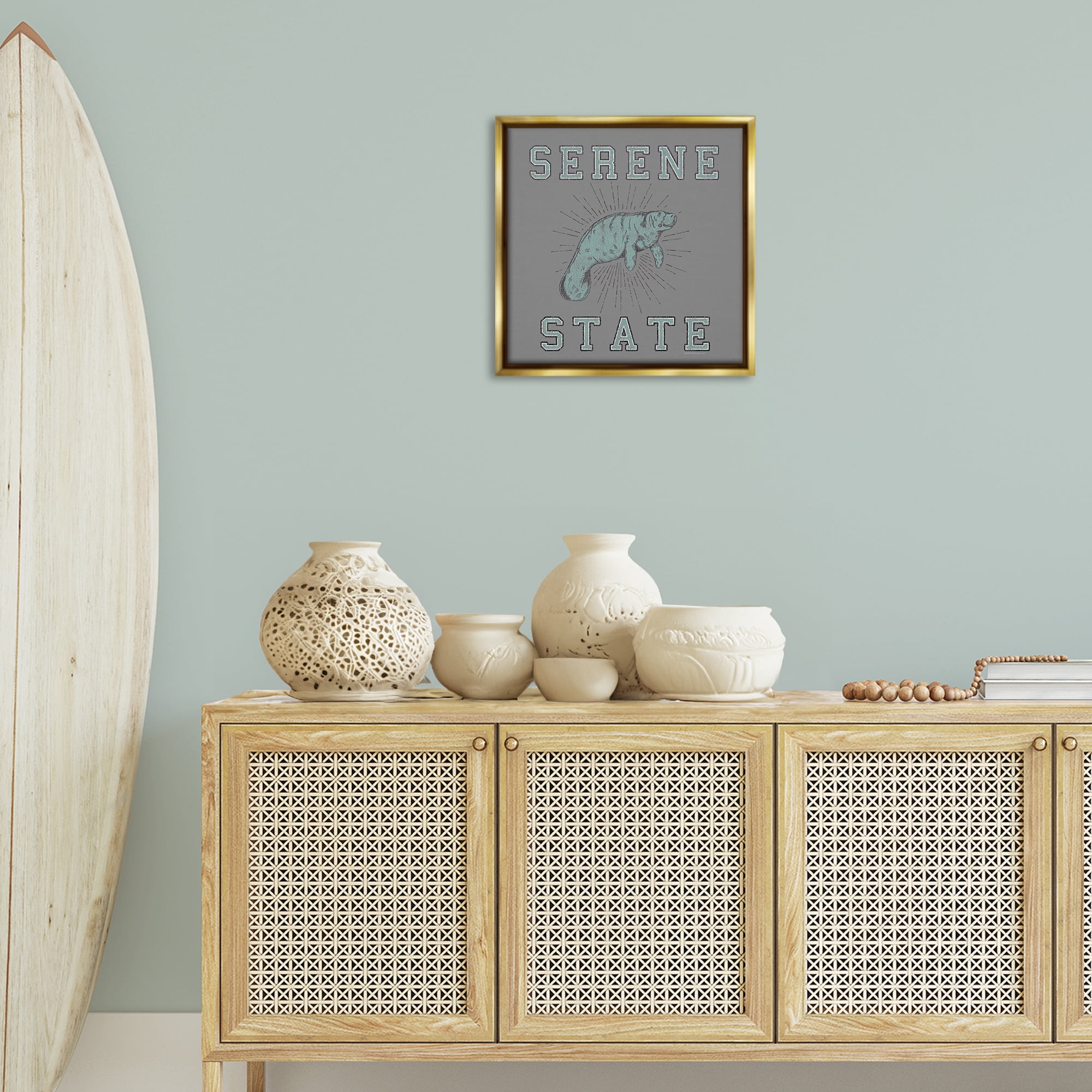 Stupell Industries Serene State Manatee Animals Painting Gold Floater Framed Canvas Art Print Wall Art, 18 x 18