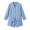thumbnail image 7 of LEKWK Linen Sets for Women 2 Piece Long Sleeve V Neck Button Down Tops and High Waisted Shorts with Pockets Summer Solid Casual Travel Vacation Sets, 7 of 7