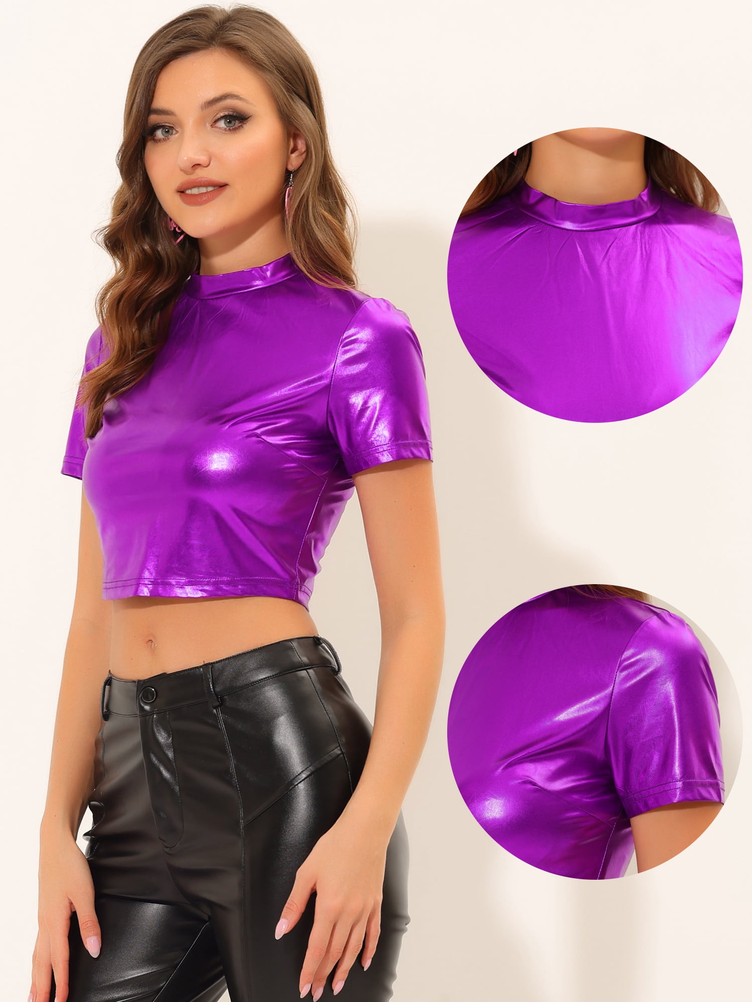 DARING DIVA Women's Mock Neck Short Sleeve Metallic Crop Tops T-Shirts M Purple