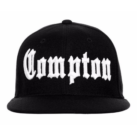 Black Compton Vintage Embroidered Hip Hop Fitted Flat Bill Cap